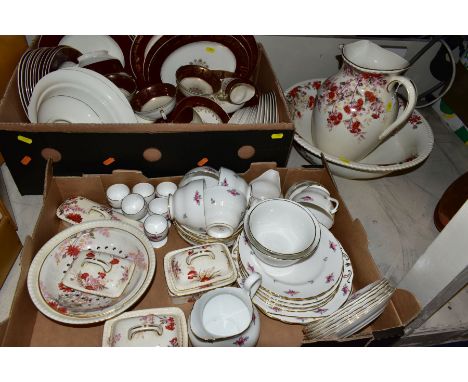 TWO BOXES OF CERAMICS AND LOOSE, including an early 20th Century Spode Imperial wash jug, bowl, sponge bowl, soap dishes and 