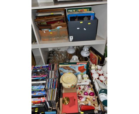 A QUANTITY OF CERAMICS, VINTAGE GLASS CHRISTMAS DECORATIONS, CD'S, DVD'S, LP'S, photograph frames, glassware, boxed Welsh woo