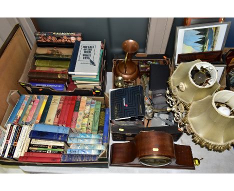 FOUR BOXES AND LOOSE OF BOOKS, PRINTS, MIRROR, ONYX BASED TABLE LAMPS, mahogany cased dome top mantel clock, metalwares, etc,