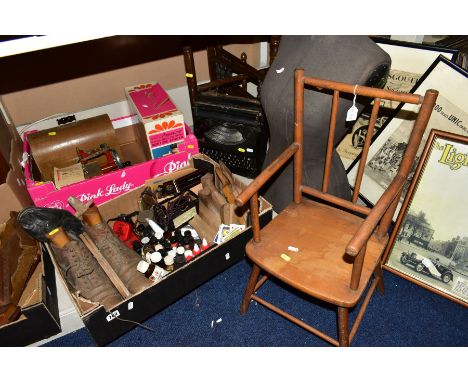 TWO BOXES AND LOOSE SUNDRY ITEMS etc, to include an Indian wood and brass top folding table, Empire baby de-luxe typewriter, 