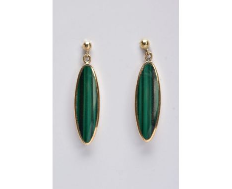 A PAIR OF 9CT GOLD, MALACHITE DROP EARRINGS, each designed with an oval shaped malachite drop within a collect mount hallmark