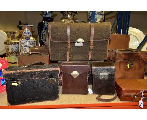 TEN ASSORTED VINTAGE LEATHER AND CANVAS CASES FOR CLOTHES, JEWELLERY, CAMERAS, etc, camera cases include Kodak, Goerz of Berl