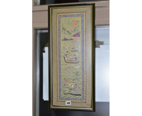 CHINESE PICTURES, to include two modern paintings on silk depicting birds and foliage, a silk panel depicting figures on a bo