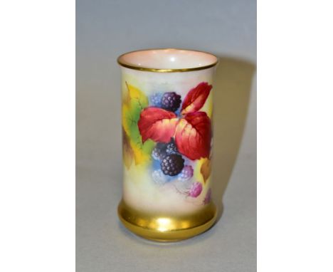 A ROYAL WORCESTER CYLINDRICAL VASE, with bulbous base, hand painted with blackberries and brambles by Kitty Blake, (signed K.