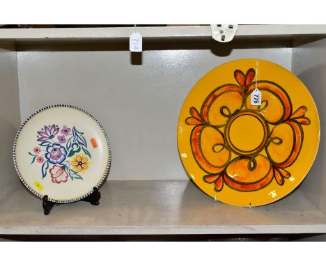 A POOLE POTTERY DELPHIS CIRCULAR CHARGER, diameter 35cm, together with a Poole hand painted plate with floral decoration, dia