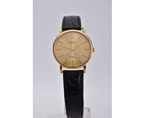 AN 18CT GOLD GENTS 'ROLEX' WRISTWATCH, hand wound movement, round gold dial signed 'Rolex, Geneve, Cellini', baton markers, g