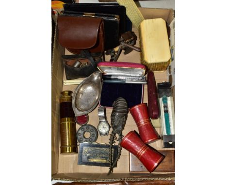 A TRAY OF SUNDRY ITEMS ETC, to include a silver George III Pap boat in distressed condition, brass four draw telescope, the C