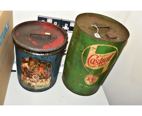 A VINTAGE WAKEFIELD CASTROL XXL MOTOR OIL 5 GALLON DRUM, complete with cap and bung, with a Caltex Marfak chassis lubricant d