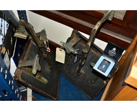 A PAIR OF VINTAGE FOLDING CAR 'DICKIE' SEATS, possibly from a Rolls Royce, horsehair filled leather seats with steel and bras