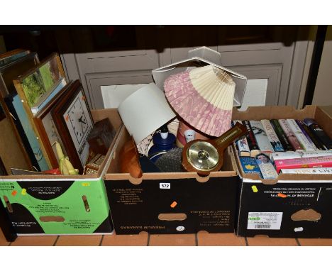 THREE BOXES SUNDRIES, BOOKS, PICTURES, ETC, to include table lamps, small barometer, a novelty Marstons Burton Ales wall cloc