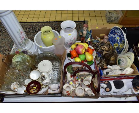 THREE BOXES AND LOOSE CERAMICS, GLASSWARE, etc, including a resin figure of a Jack Russell puppy with a stick, a box of resin