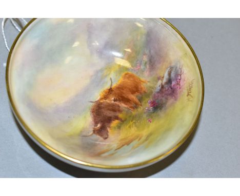 A ROYAL WORCESTER FOOTED PIN DISH, shape No 2769, decorated with Highland cattle and signed H. Stinton, blue factory mark and