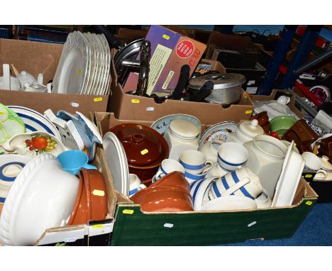 TEN BOXES AND LOOSE KITCHEN CROCKERY, COOKING EQUIPMENT, etc, including assorted ceramic serving platters, a quantity of Burl