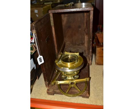 A CASED TROUGHTON &amp; SIMMS BRASS THEODOLITE BASE, missing top sight etc, crack to glass on compass, well used condition, d