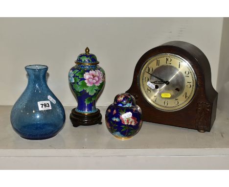 A 1920'S OAK CASED DOME TOP MANTEL CLOCK, two 20th Century cloisonne jars and covers, one with a wooden stand, height of jars