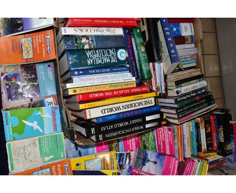 BOOKS AND MAPS, three boxes containing approximately eighty five titles to include Encyclopaedias, Atlases, Food and Wine, Ar