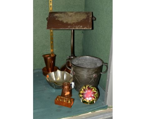 A SMALL COLLECTION OF METALWARE TO INCLUDE A TUDRIC PEWTER AND ENAMEL TWIN HANDLED ICE BUCKET, no 0705/7, damaged enamel and 