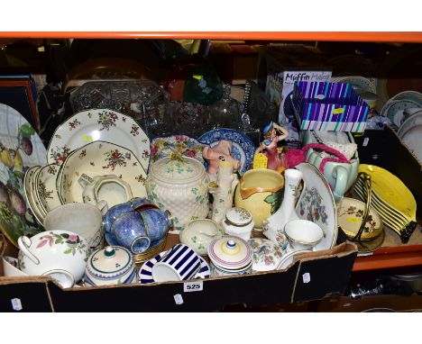 FIVE BOXES AND LOOSE CERAMICS AND GLASSWARE, etc including Royal Doulton Old Leeds Sprays tablewares, three pieces of modern 