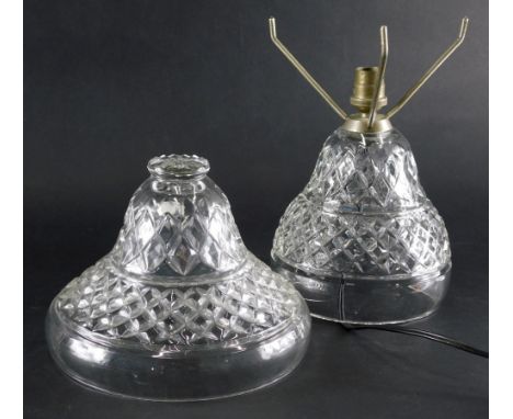 A Waterford style crystal table lamp, with shade and base, decorated with a repeat hobnail cut diamond decoration, unmarked, 