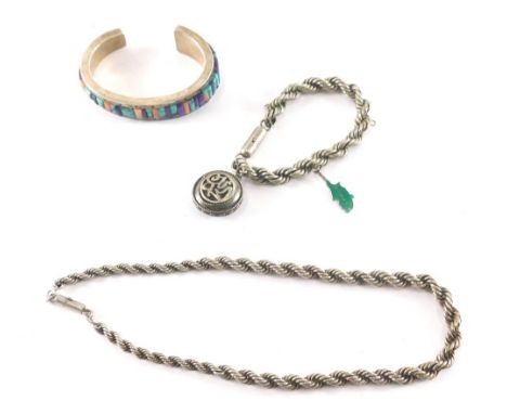 Various jewellery and effects, a heavy C-scroll bangle set with turquoise, peach and purple stones, marked sterling 8cm wide,