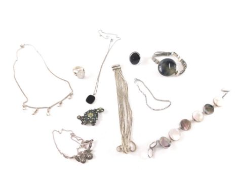 A group of silver and other jewellery, comprising a silver and mother of pearl set bracelet, various dress rings, necklaces, 