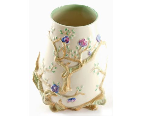A 1950's Clarice Cliff Newport pottery vase, number 989, raised with branches, predominately in brown, green and cream, marke