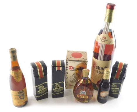 Various alcohol, an enlarged bottle of Asbach Uralt, boxed bottle of Dimple Scotch whisky, 12 year old, 500ml, various other 