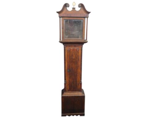 A 19thC oak and mahogany crossbanded longcase clock case, with swan neck pediment, reeded pillars, on bracket feet, 221cm hig