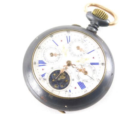 A 19thC French pocket watch and calendar, in a gun metal case, the enamel dial with Roman Numerals, and with four subsidiary 