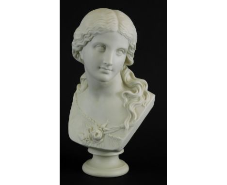 A 19thC Copeland Parian bust of Love, after Raffaele Monti, on an inverted socle, signed and impressed Crystal Palace Art Uni