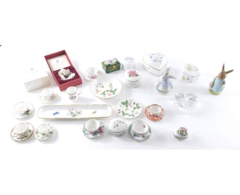 Various miniature china, Beatrix Potter Mrs Flopsy Bunny, 12cm high, miniature Coalport Willow saucer, Wedgwood miniature Wil