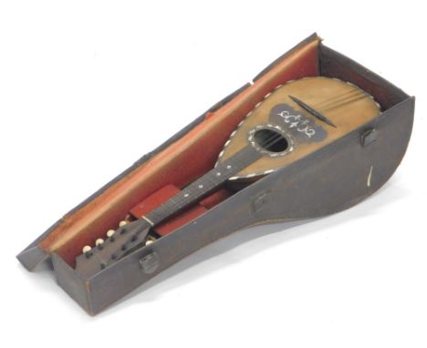 A late 19th/early 20thC Neapolitan mandolin, in laid with mother of pearl a tortoise shell, etc., bearing label for Brambilla