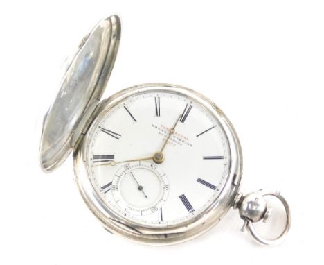 A Victorian silver hunter pocket watch, in part engine turned case, the 5cm diameter Roman numeric dial with subsidiary Arabi