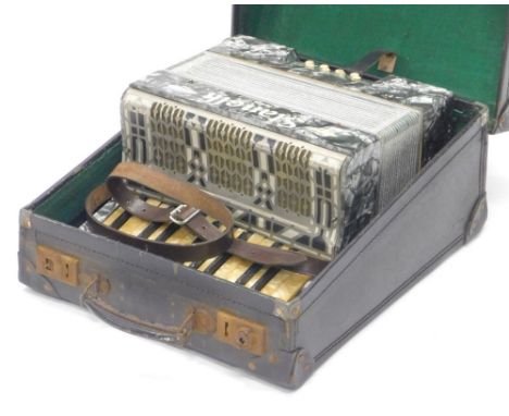 A Stanelli piano accordion, in grey, simulated marble casing and outer travelling case (AF), 28cm wide.