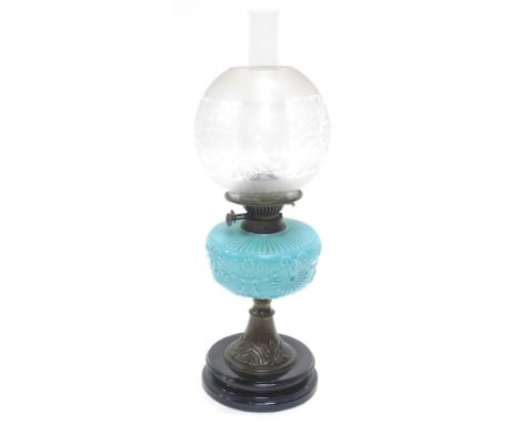 A late Victorian oil lamp, with clear funnel, florally etched orb shade, moulded turquoise glass reservoir, inverted stem and