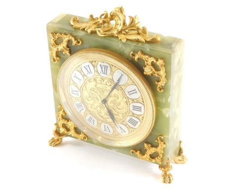 A 20thC Elsinor onyx mantel clock, the square body with 11cm diameter Roman numeric dial, elaborate raised gilt metal spandre