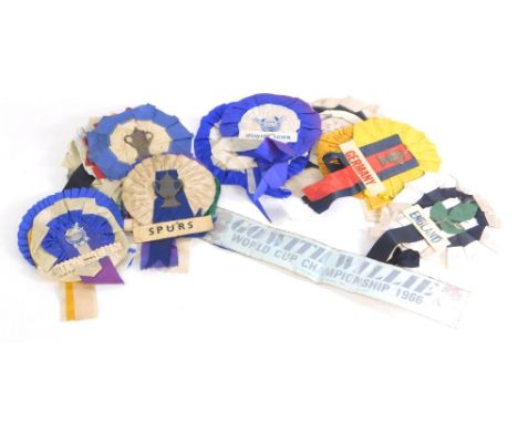 Various original and vintage English football rosettes, to include World Cup 1966, an Official World Cup Willie Championship 