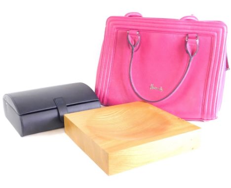 A Harrods red leather ladies handbag, leather watch case and a turned elm bowl.