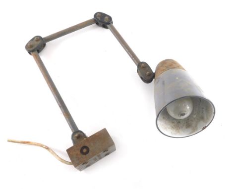 An industrial anglepoise lamp, with wall mount and electrical fitting, with blue cone shaped shade 14cm wide.&nbsp;WARNING! T