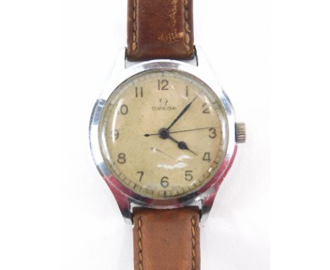 A vintage Omega gentleman's wristwatch, with 3cm diameter Arabic dial, brown leather strap and stainless steel case.