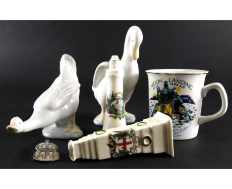 A Nao figure of a goose, 14cm high, Moon  Landing mug, crested china etc. (a quantity)