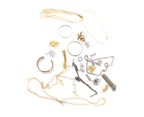 A group of costume jewellery, comprising faux pearl necklaces, brushed flower brooches, spectacle chains, silver watch chain,