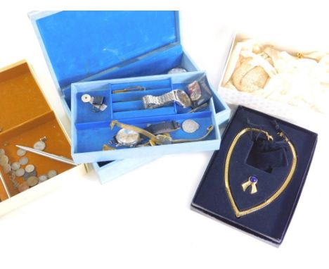 Various costume jewellery and effects, coin brooch, various other coins, fashion watches, Ben Sherman, etc., Jolly Fisherman 