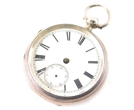 An Edward VII silver cased pocket watch, with enamel dial, English fusee lever movement, with watch key, Chester 1902. (AF)