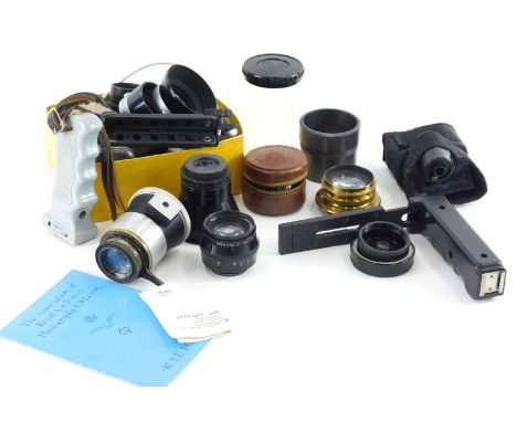 Various Leica and other camera lenses and accessories, to include a Jupiter-8 2/50 lens, 4cm high,  a Carl Zeiss Tessar lens 