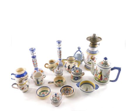Various Quimper pottery, to include oil lamp, two handled vase, 12cm high, jug, pair of candlesticks, various other jugs, var