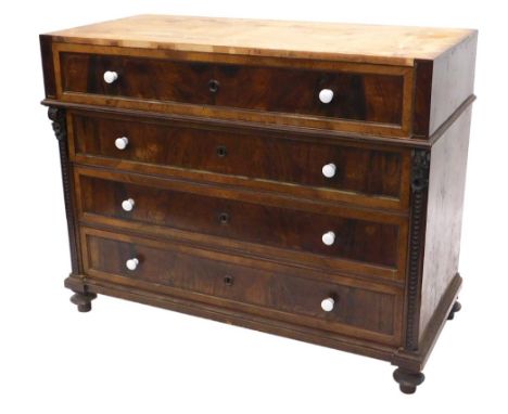 A 19thC continental walnut secretaire chest, with a fitted frieze drawer inlaid with a chequered design and stringing coloure