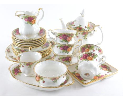 Various Royal Albert Old Country Rose tea ware, part tea service, teapot 15cm high, sugar bowl, plate, side plate, cups, sauc