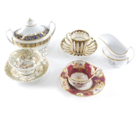 Various early 19thC porcelain, a Spode cabinet cup, 7cm high, and saucer decorated with acanthus leaves, on blue ground with 