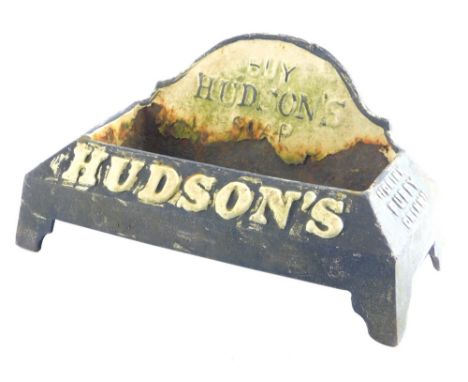 A Hudson's soap puppy drink cast iron advertising water trough, with raised lettering in black and white, 42cm wide. (AF)